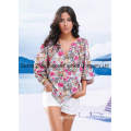 Women Woven Rose Print Long Sleeves V Necked Blouse Wholesale China OEM